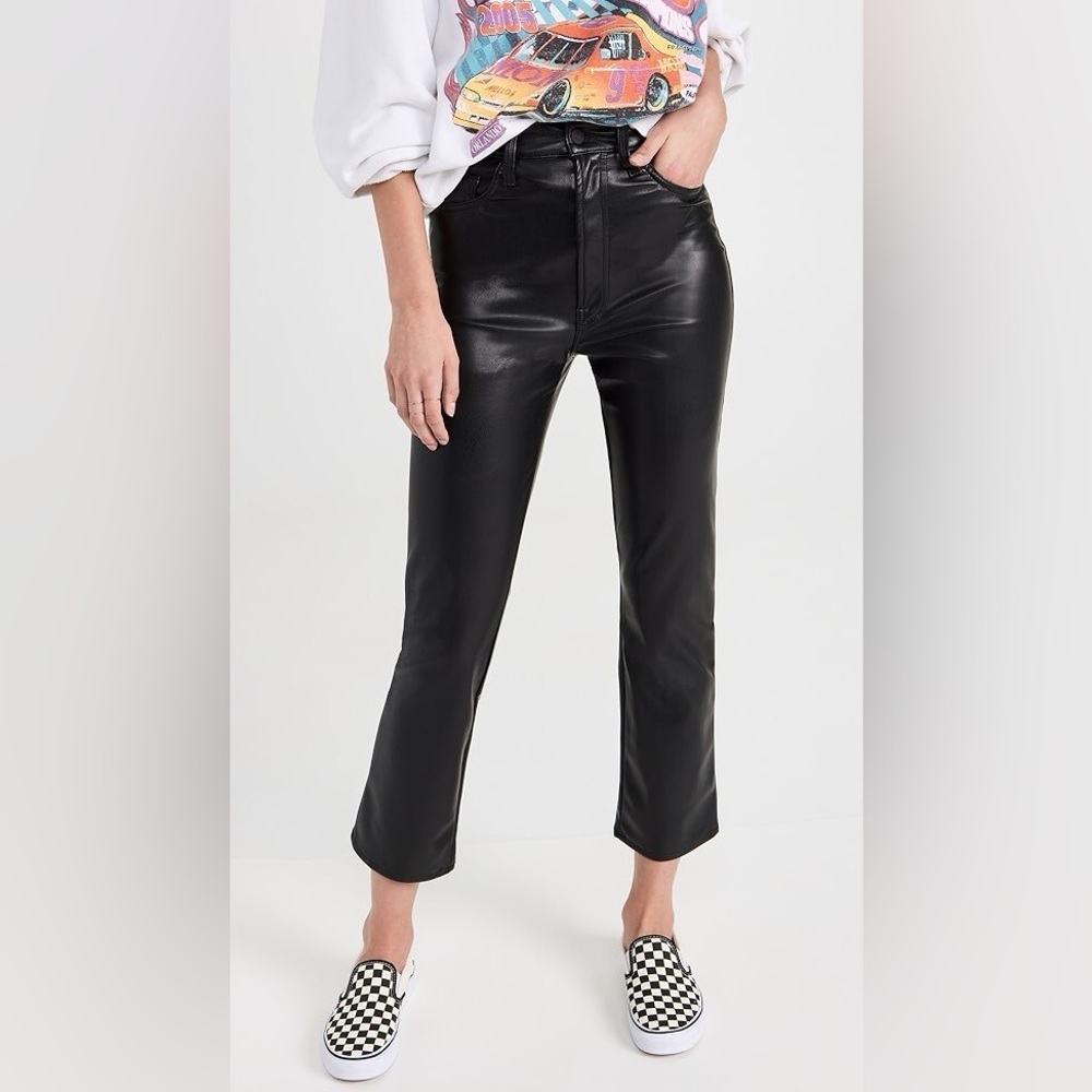 L1. MOTHER Rider Ankle Faux-Leather Black Fleece Lined Pants